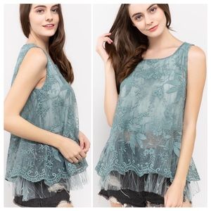 POL Tiffany Blue Sage Tulle Tunic Top